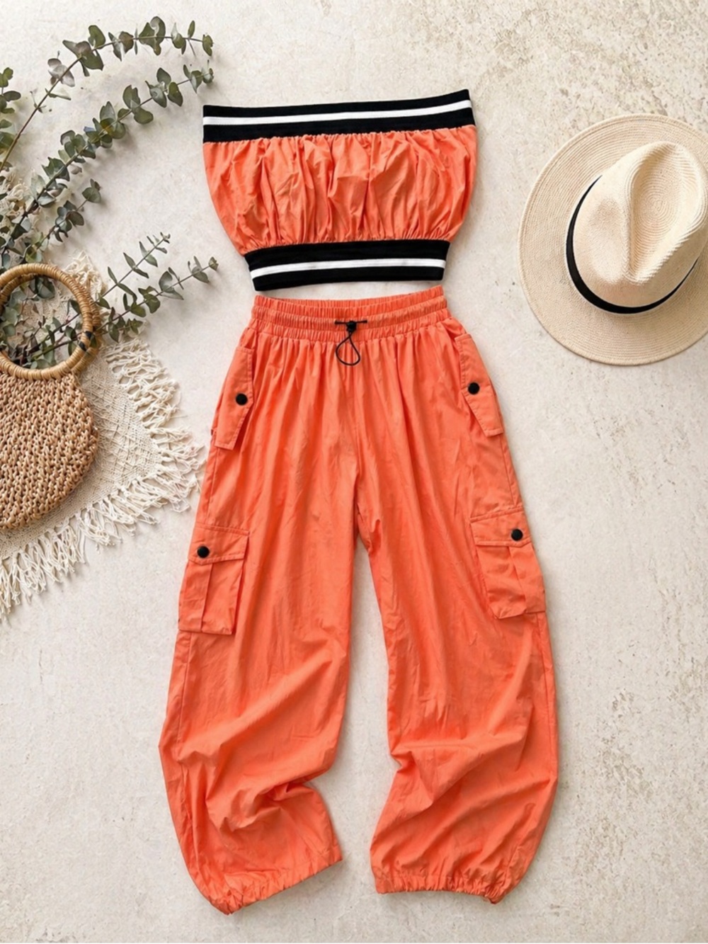 Women's Orange Cargo Jumpsuit Pants - Strapless Two-Piece Set